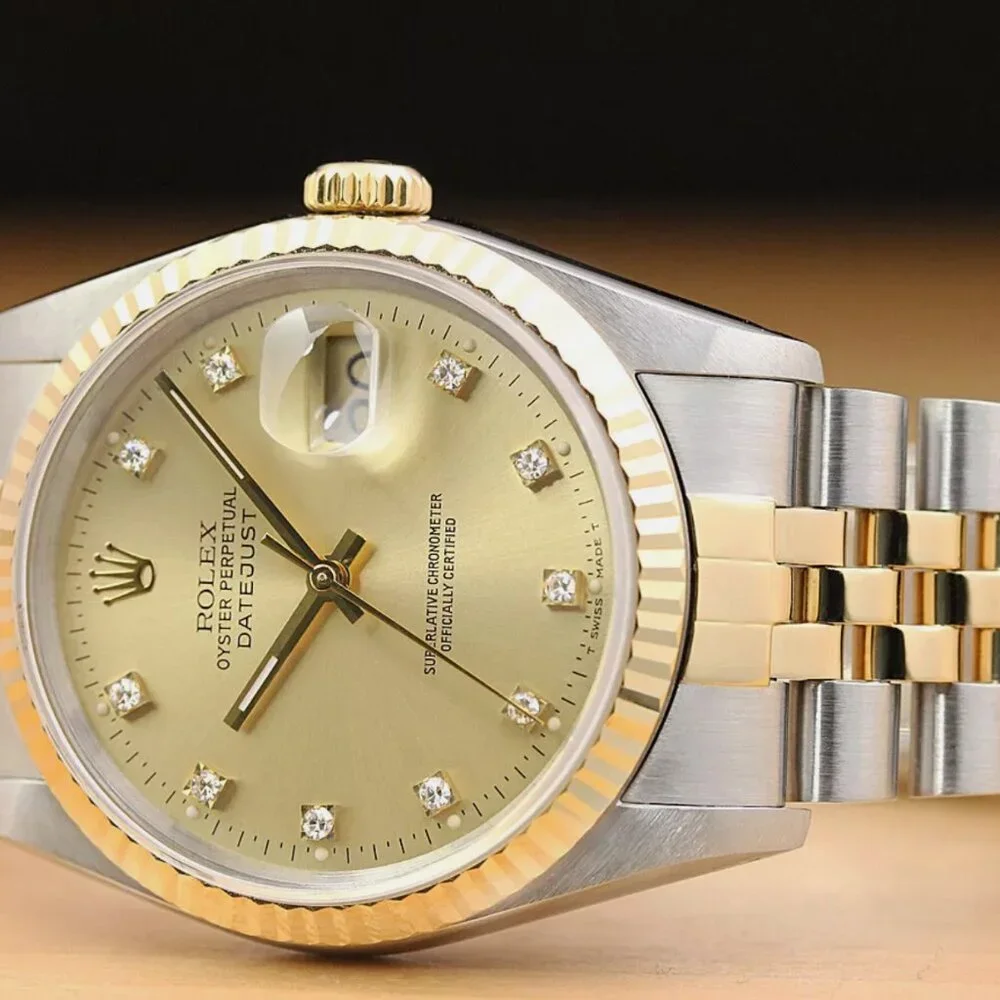 ROLEX MENS DATEJUST FACTORY DIAMOND DIAL 18K WATCH
